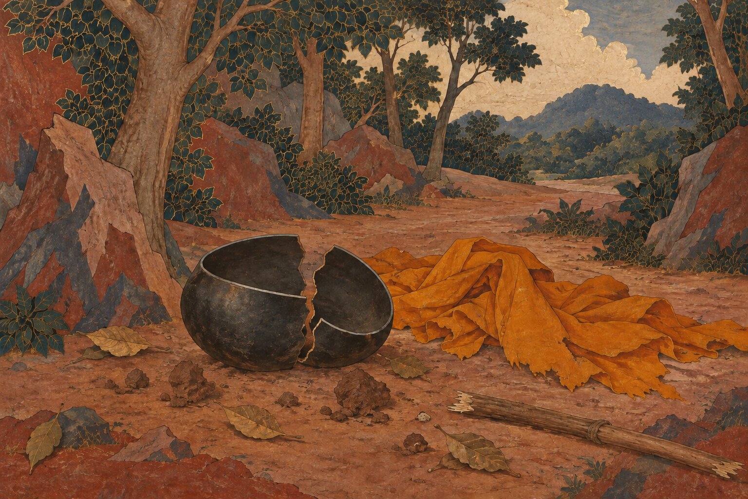 A monk's black alms bowl cracked in two on a forest path, beside a torn saffron robe, a broken stick and scattered clods of earth.