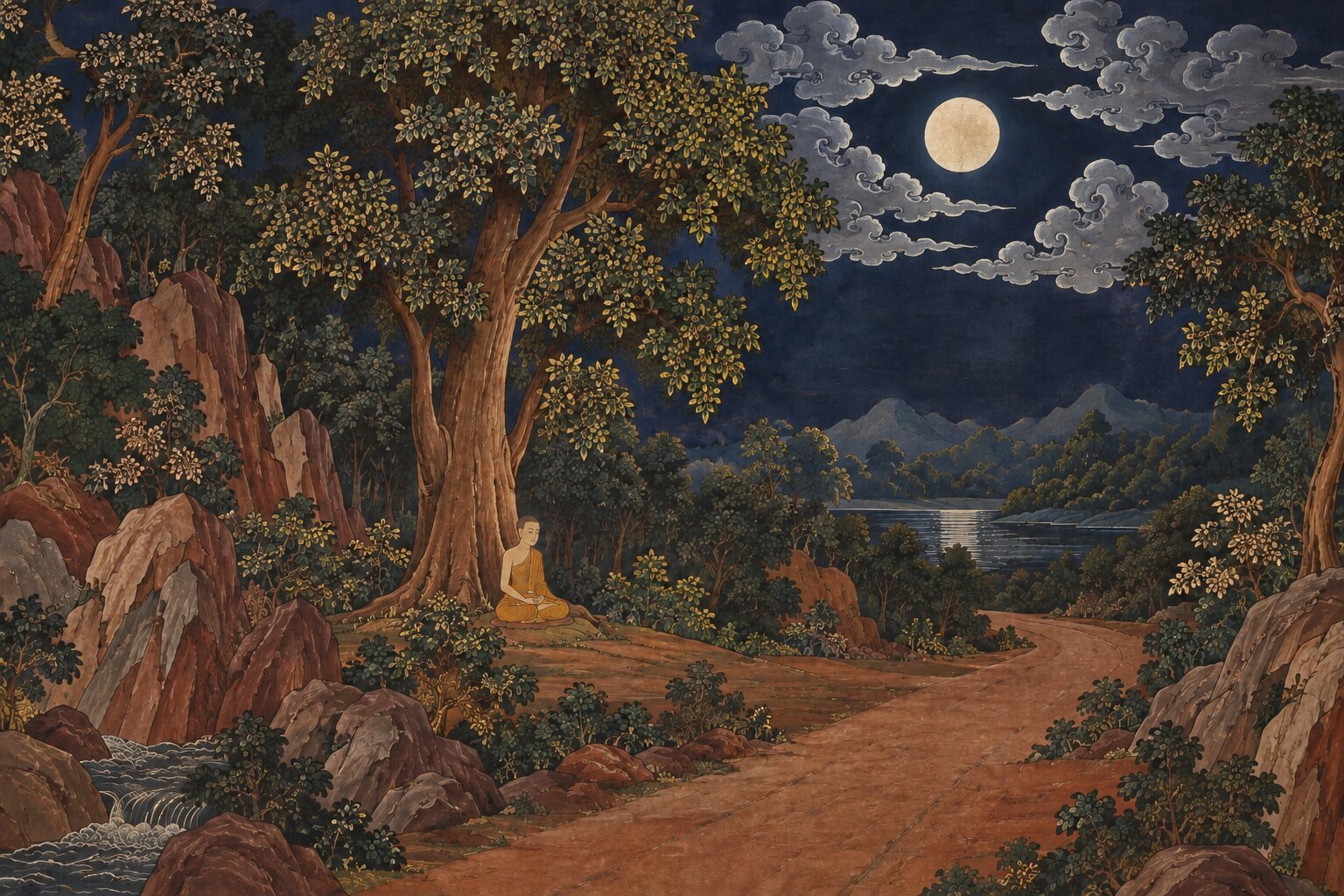 A monk in a saffron robe meditating under a large tree beside an empty forest road at night, as a full moon comes out from the clouds.