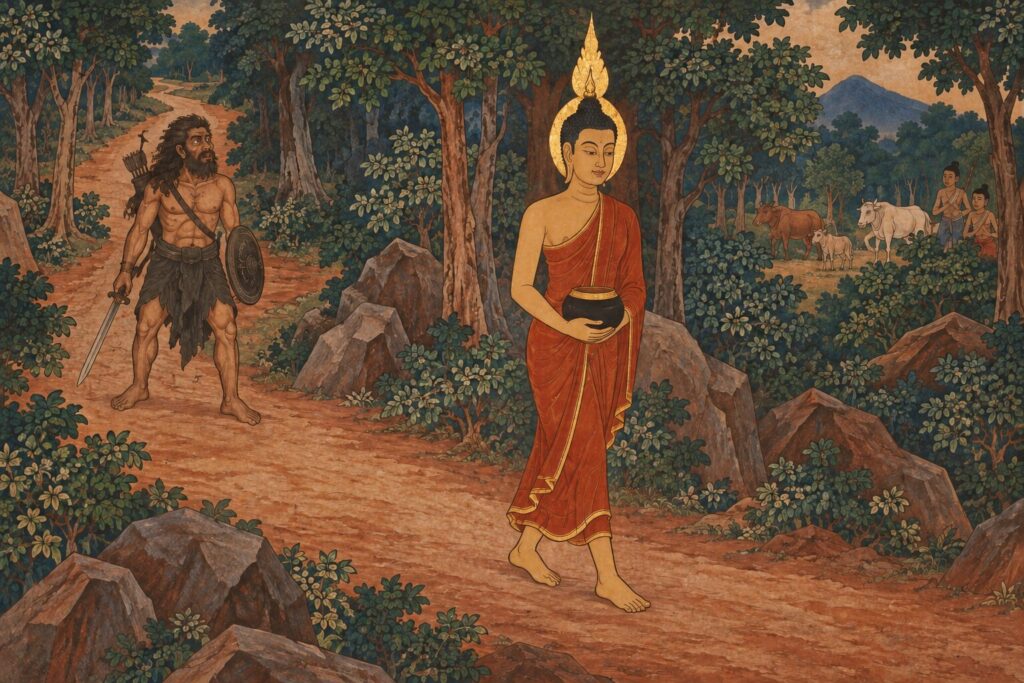 The Buddha walking calmly along a forest road with his alms bowl, while behind him the bandit Aṅgulimāla, sword lowered, has stopped in the road and stares after him, painted in the style of a Thai temple mural.