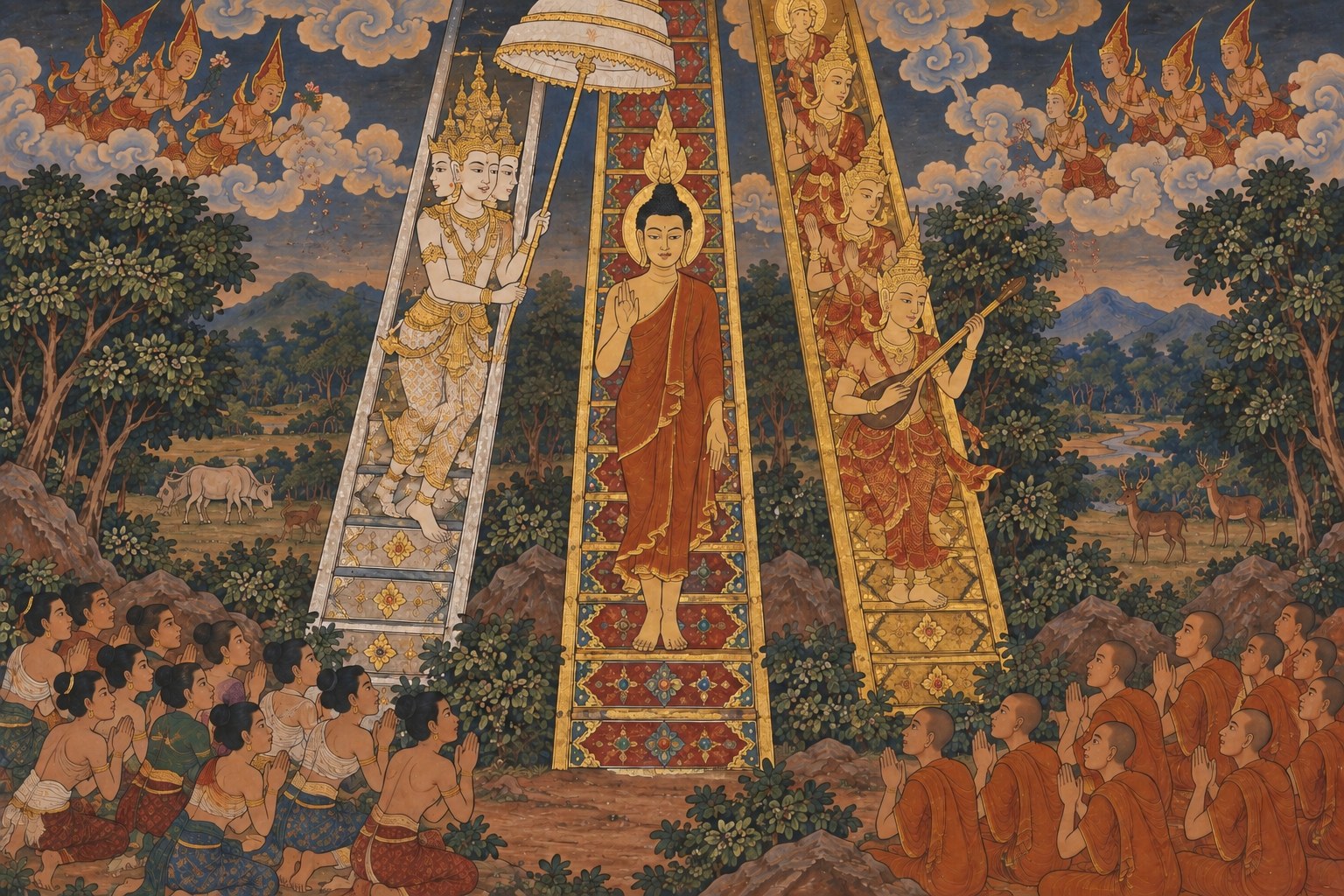 The Buddha descending the middle ladder of jewels from the heaven of the Thirty-Three, with gods on the golden ladder, a four-faced Brahmā holding a white parasol on the silver ladder, and lay people and monks kneeling below, painted in the style of a Thai temple mural.