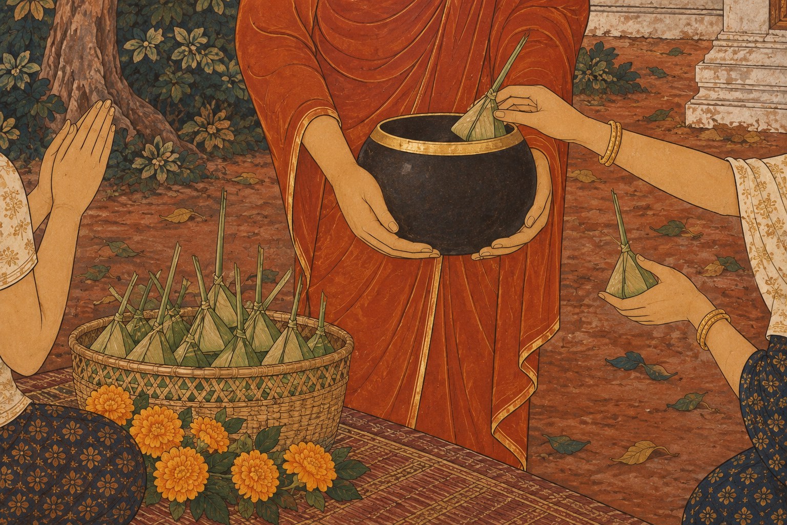 Lay people placing small rice parcels wrapped in palm leaf, each with a long leaf tail, into a monk's black alms bowl, beside a basket of the parcels and orange marigolds, in the style of a Thai temple mural.