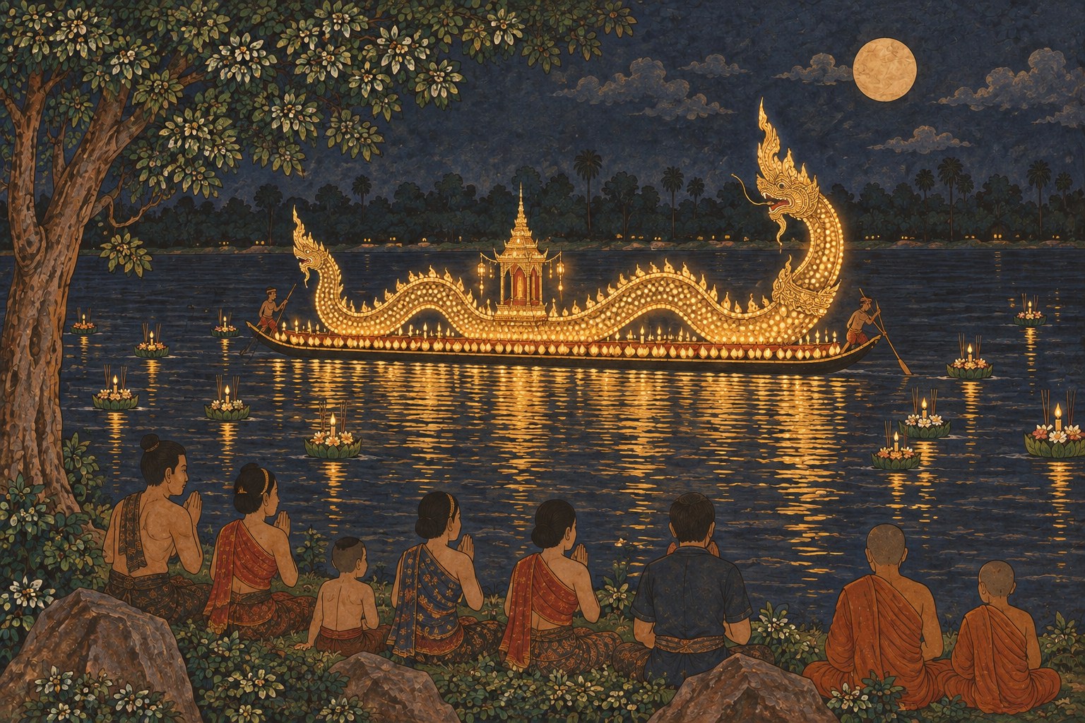 A boat covered in lights in the shape of a nāga serpent floating on the Mekong at night under a full moon, with small candle-lit offerings on the water and people and monks watching from the bank, in the style of a Thai temple mural.