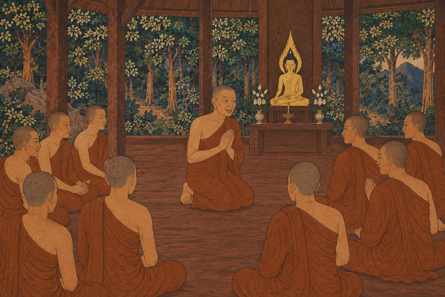 An elderly monk kneeling with palms joined before the community of monks in the open wooden hall of a forest monastery, asking to be told his faults at the end of the rains retreat, in the style of a Thai temple mural.