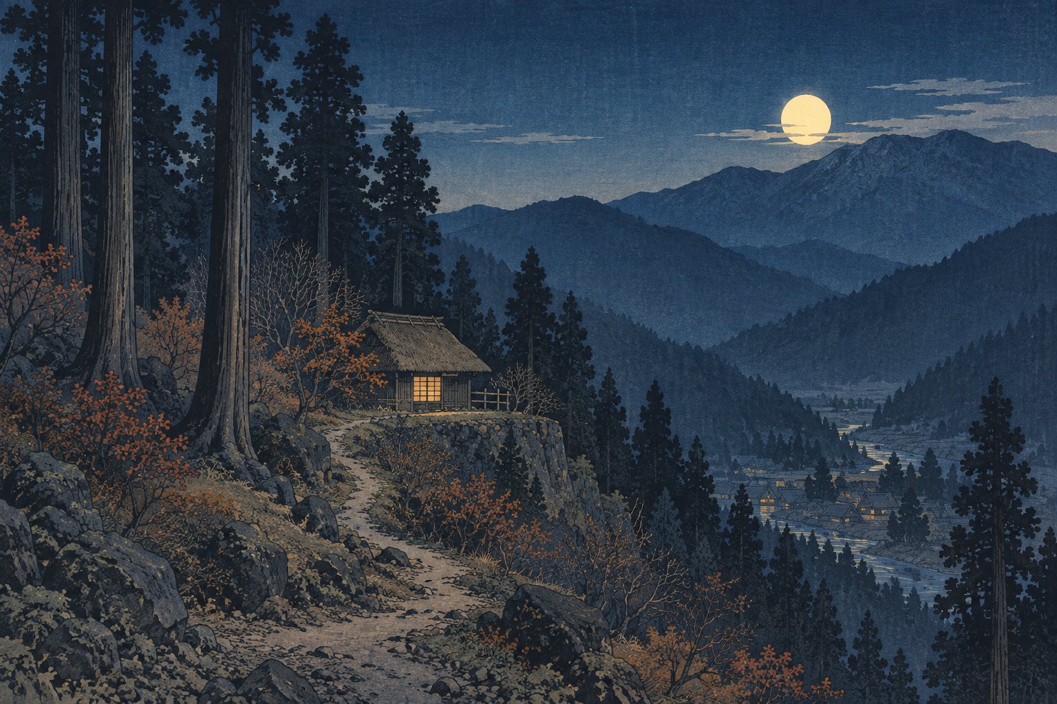 A small thatched hut among tall cedars on a mountainside at dusk, with a path winding down to a village in the valley and the full moon above the ridge.