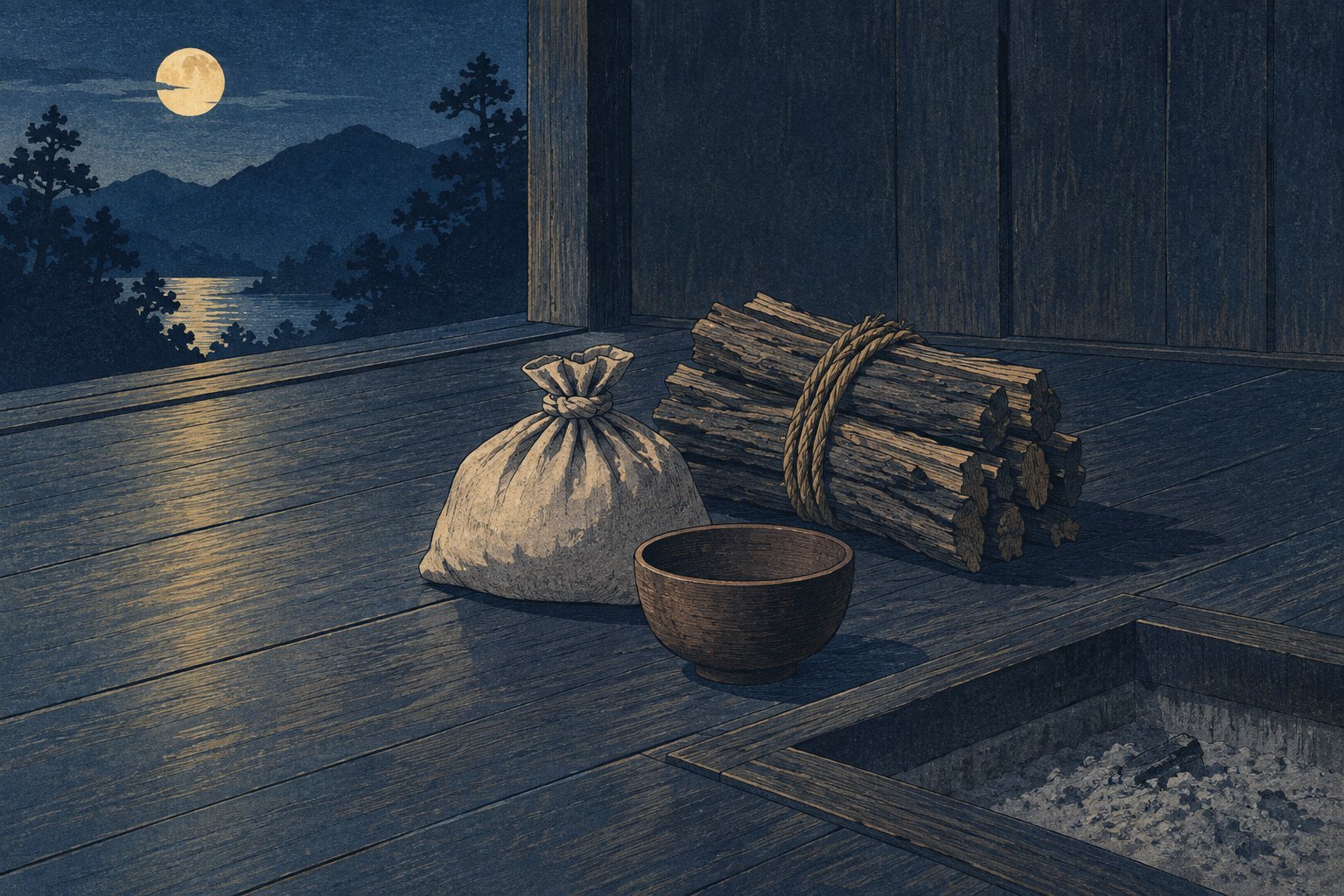 A cloth bag of rice, a bundle of firewood and a wooden begging bowl on the floorboards of a hut, beside a hearth of cold ashes, in moonlight.