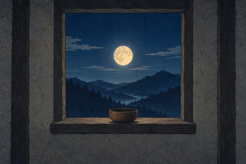 Woodblock-style illustration of a bare hut window at night: a full autumn moon over dark mountain ridges, with a wooden begging bowl on the ledge below.