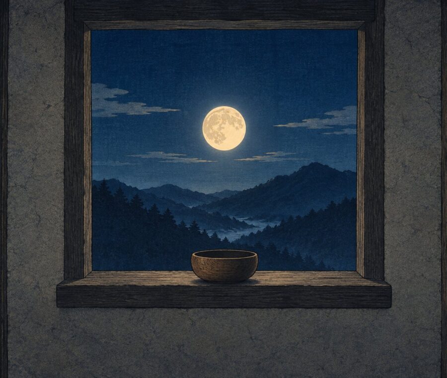 Woodblock-style illustration of a bare hut window at night: a full autumn moon over dark mountain ridges, with a wooden begging bowl on the ledge below.