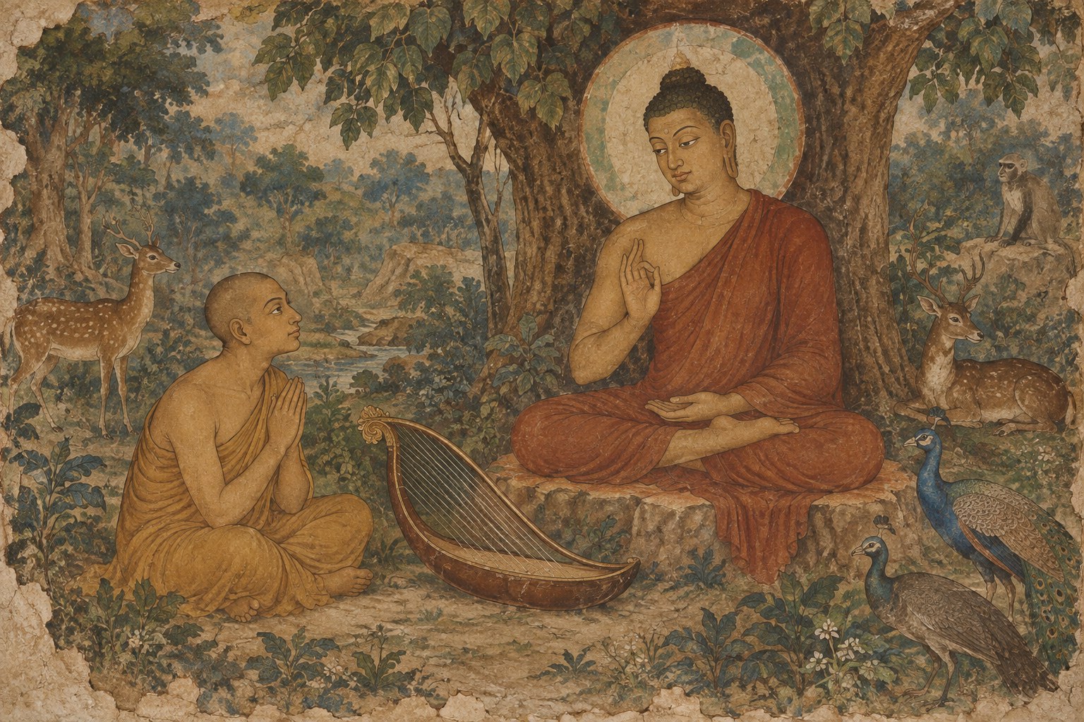 The Buddha seated beneath a tree with one hand raised in teaching, facing the young monk Soṇa, who listens with joined palms; an ancient arched harp lies on the ground between them, painted in the style of the Ajanta cave murals.