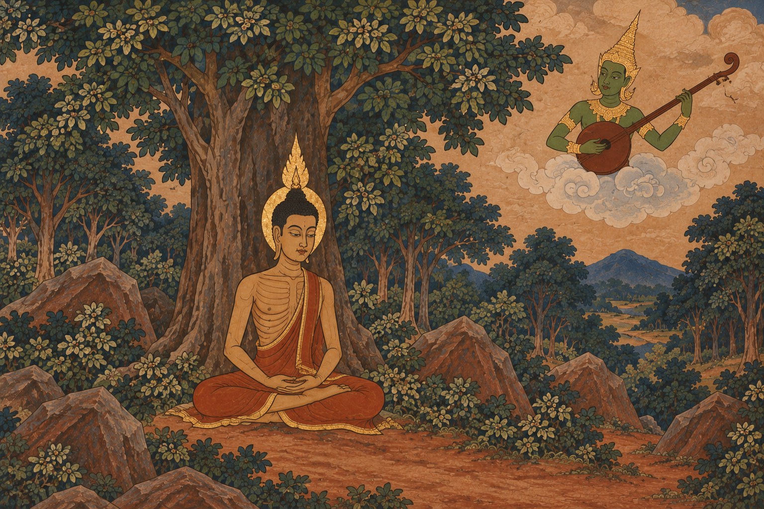 The emaciated Bodhisatta meditating beneath a tree while the green-skinned god Indra, rising from a cloud, plays a three-stringed lute with one string snapped, painted in the style of a Thai temple mural.