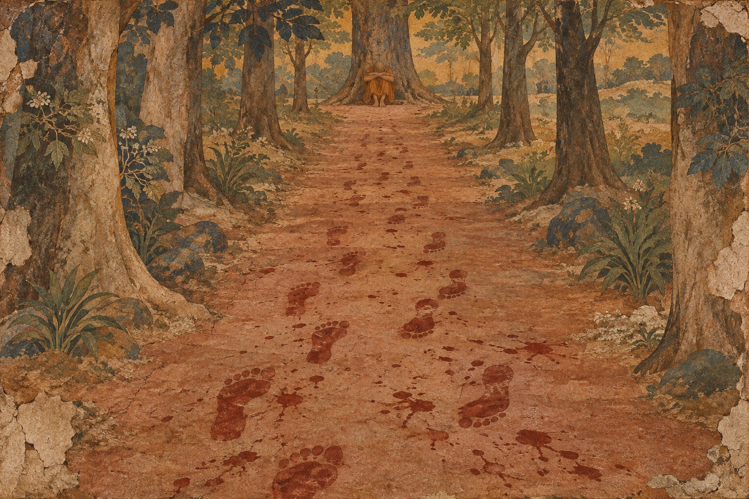A straight walking-meditation path through a forest grove, with two trails of bloody footprints, one walking away and one coming back; far away at its end a young monk sits hunched at the foot of a tree, his head bowed on his folded arms, painted in the style of an ancient Indian wall painting.
