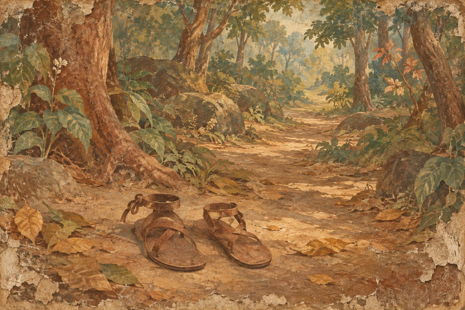 A pair of simple single-soled sandals with crossed straps, resting at the start of a forest path among fallen leaves, painted in the style of an ancient Indian wall painting.