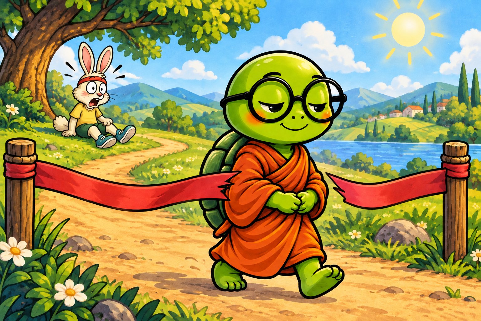 A tortoise in a monk's robe calmly breaks the finish-line ribbon while the hare, just woken from a nap under a tree, stares in shock